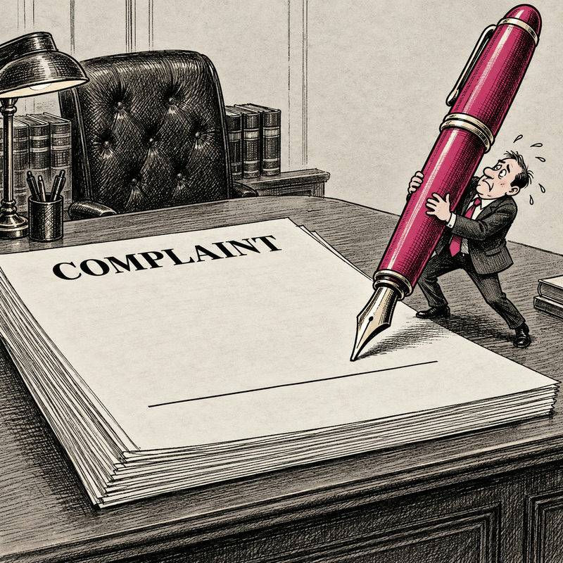 Democrawonk — A tiny suited figure struggles with an enormous pink fountain pen above the blank signature line of a complaint.