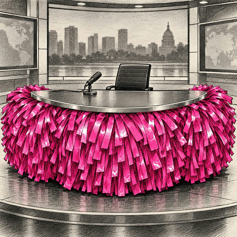 Democrawonk — An empty television news desk is covered in pink cheerleading fringe beside a microphone.