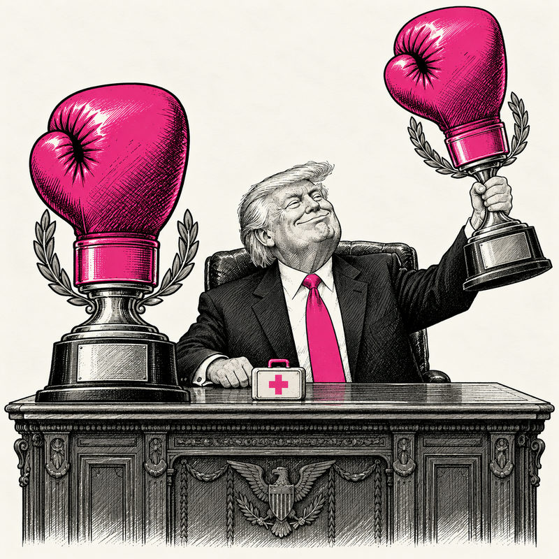 Democrawonk — Trump celebrates between two giant boxing-glove trophies while a tiny first-aid kit sits on his desk.