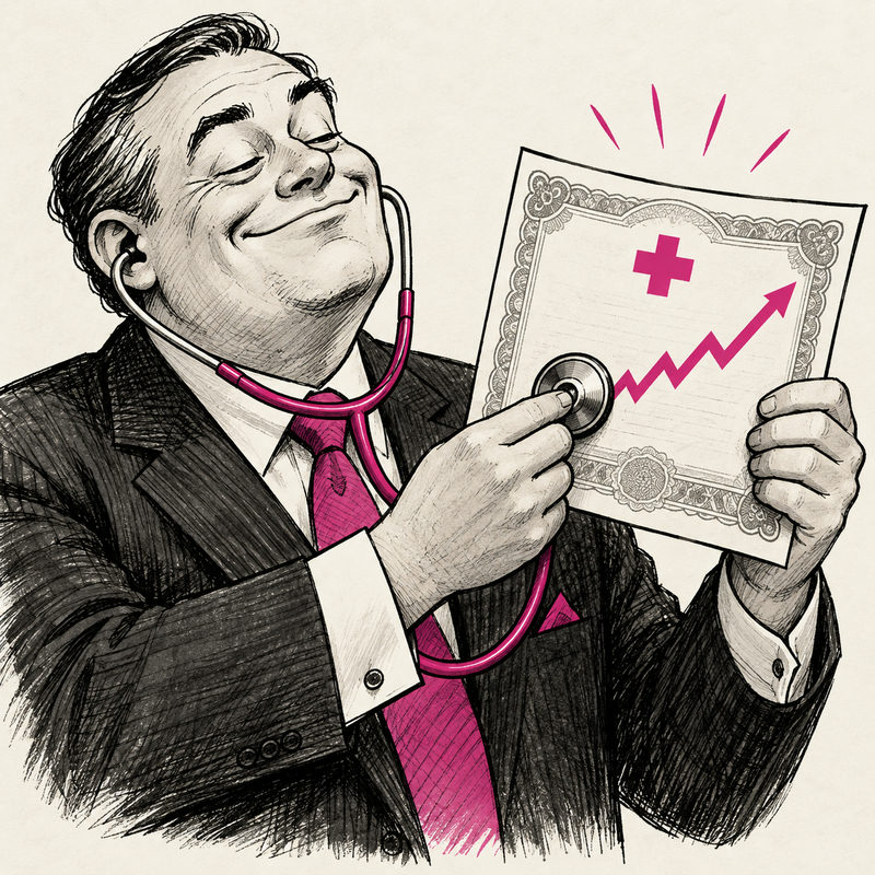 A smug suited investor listens with a stethoscope to a stock certificate bearing a magenta medical cross and rising arrow.