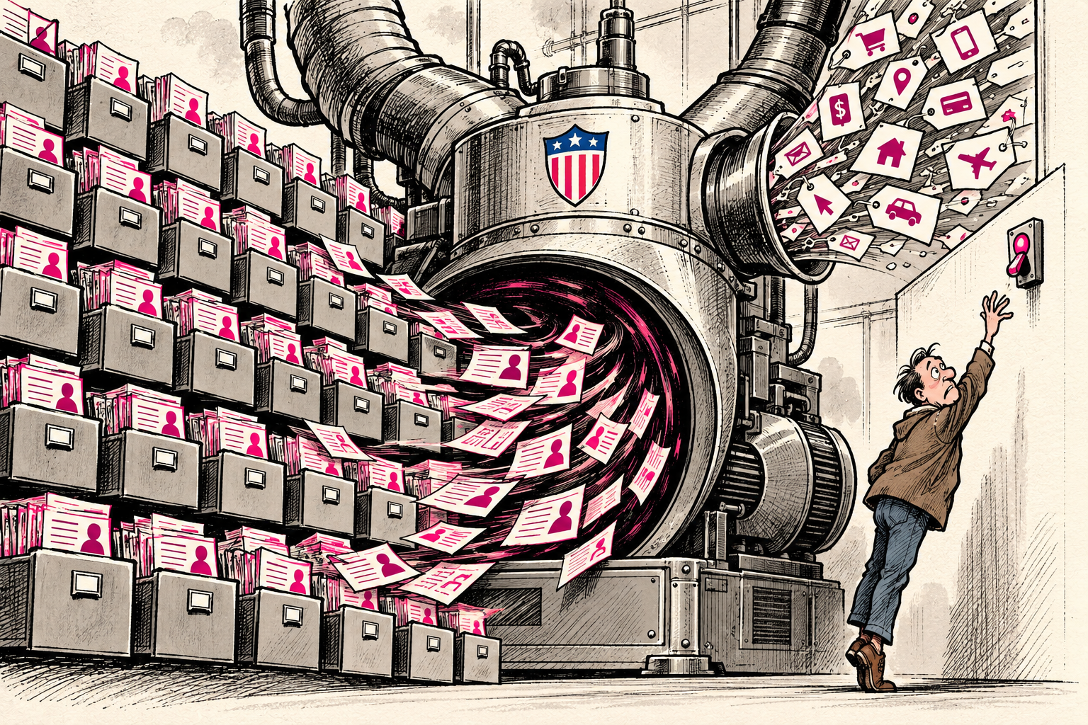 A federal computer terminal gulps state voter rolls into a giant machine while a tiny privacy switch sits out of reach.