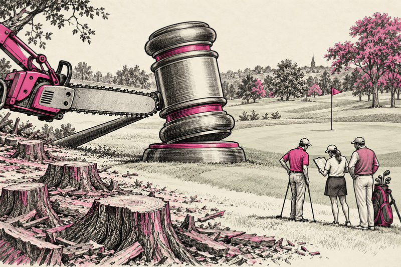 A satirical illustration of public golf-course trees facing an oversized planning board.
