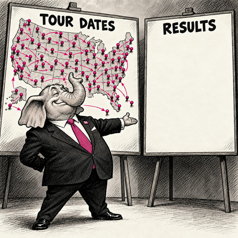 An elephant politician gestures between a crowded tour map and an empty results board.