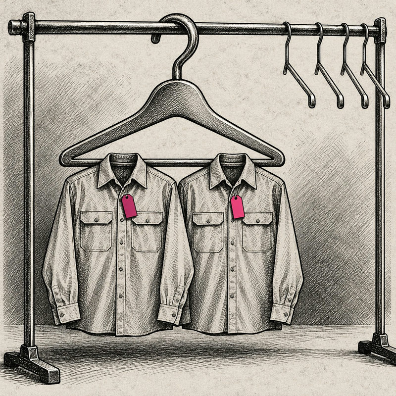 Democrawonk — Two matching work shirts share one oversized hanger beside empty hooks.