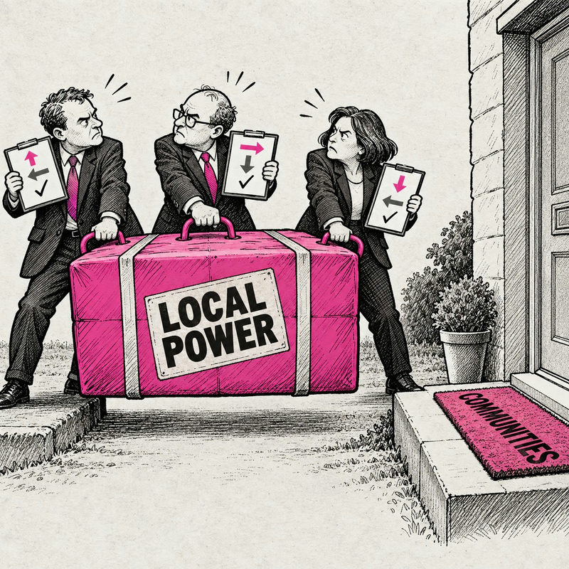 Democrawonk — Three government couriers disagree over directions while holding Local Power short of a Communities doorstep.
