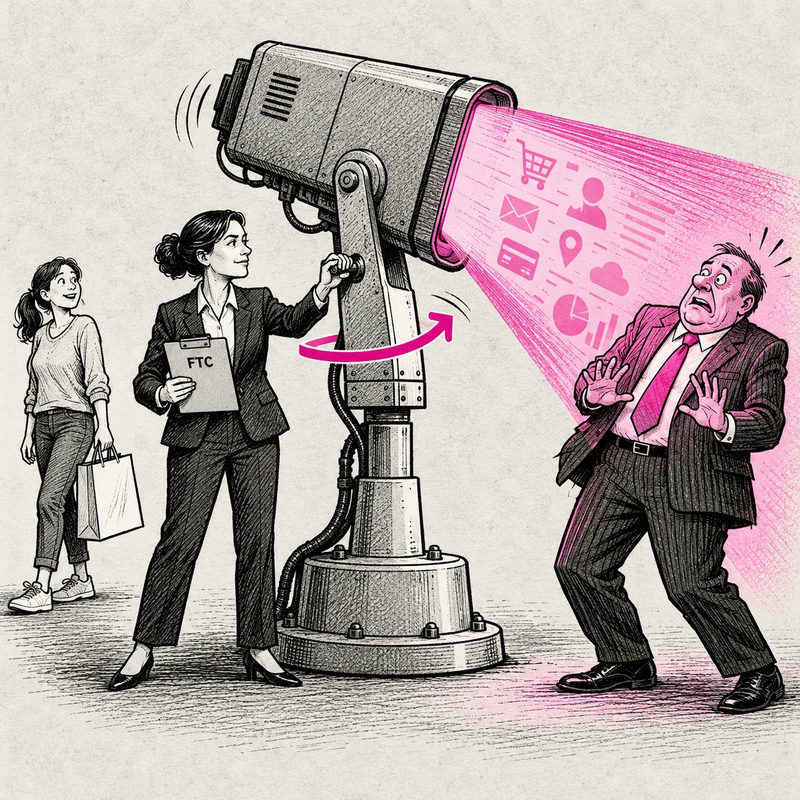Democrawonk — An FTC official turns a giant data scanner away from a shopper and toward a startled suited corporate representative.
