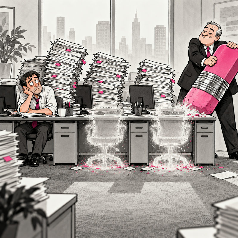 Cartoon of a bank executive erasing two office chairs with a giant pink eraser while stacks of paperwork remain beside one worker.