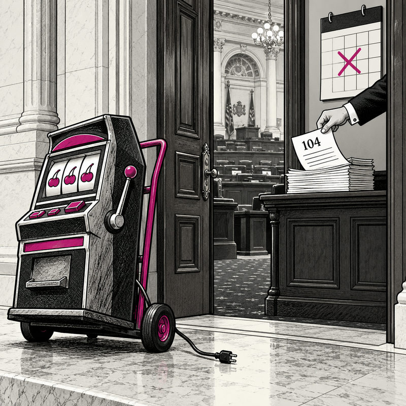 Democrawonk — An unplugged slot-style machine waits on a trolley outside a legislative chamber while a suited hand removes a paper marked 104 beneath a crossed-out calendar.