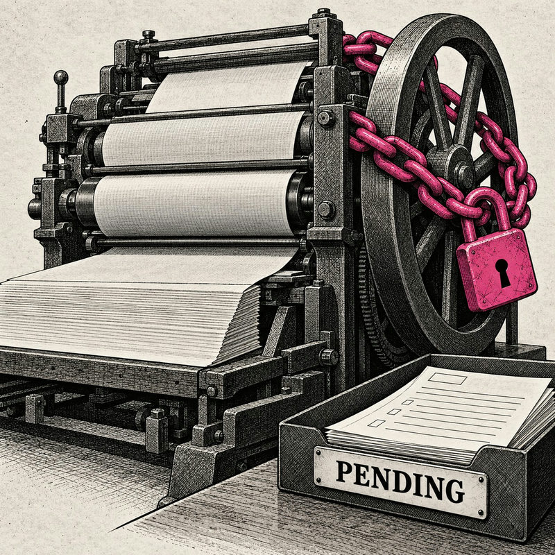 Democrawonk — A printing press is chained with a pink padlock beside paperwork in a tray labeled PENDING.