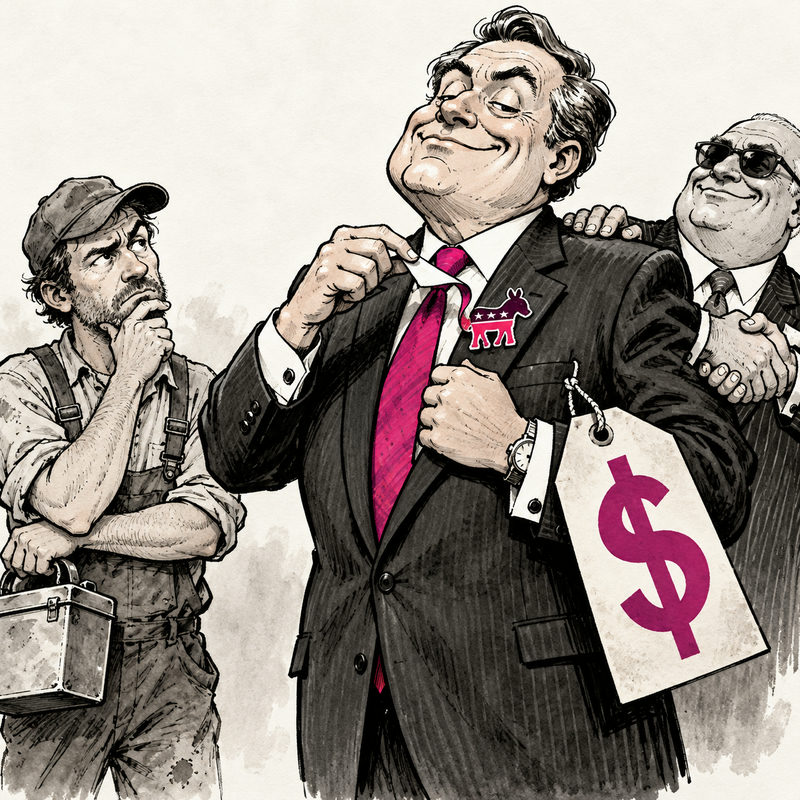 Editorial cartoon of a career politician removing a party label from a jacket while leaving a giant price tag attached.