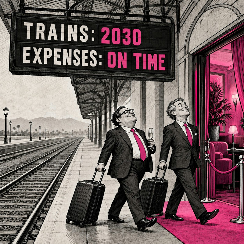Democrawonk — Two suited consultants roll luggage toward a pink lounge beneath a station board reading “TRAINS: 2030” and “EXPENSES: ON TIME,” beside empty tracks.