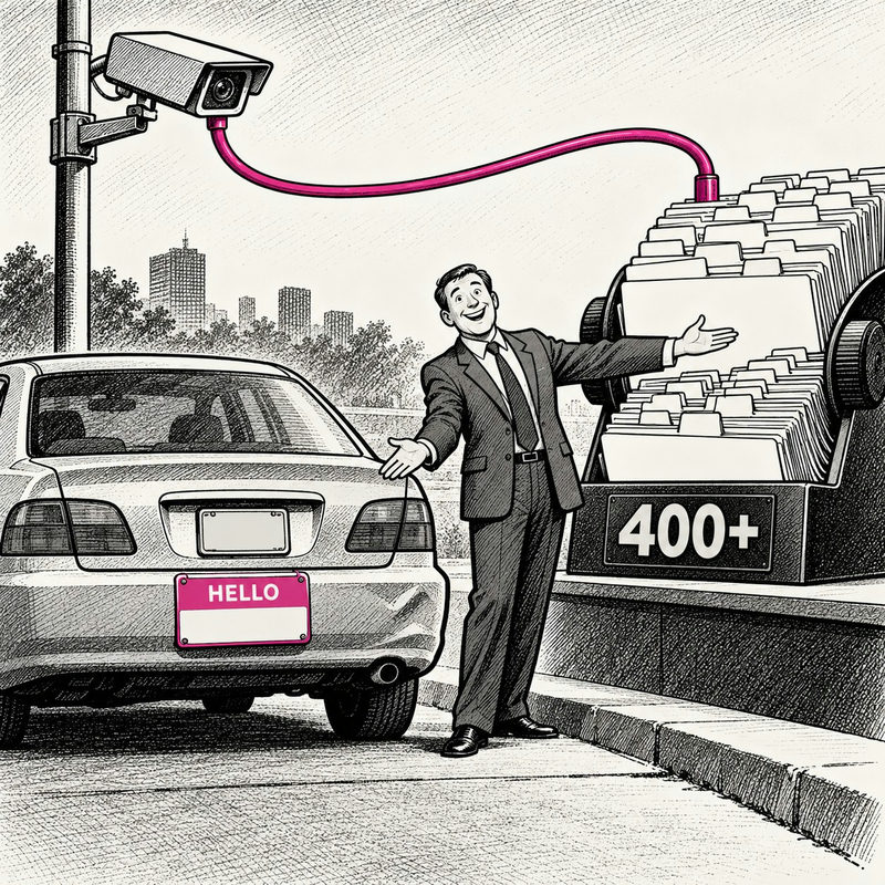 Democrawonk — An official introduces a car wearing a Hello badge to a giant 400-plus-contact index connected to a surveillance camera.