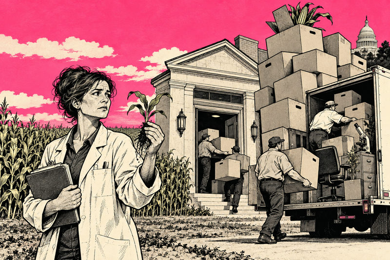A scientist holds a plant sample while agricultural office equipment is loaded into moving boxes.