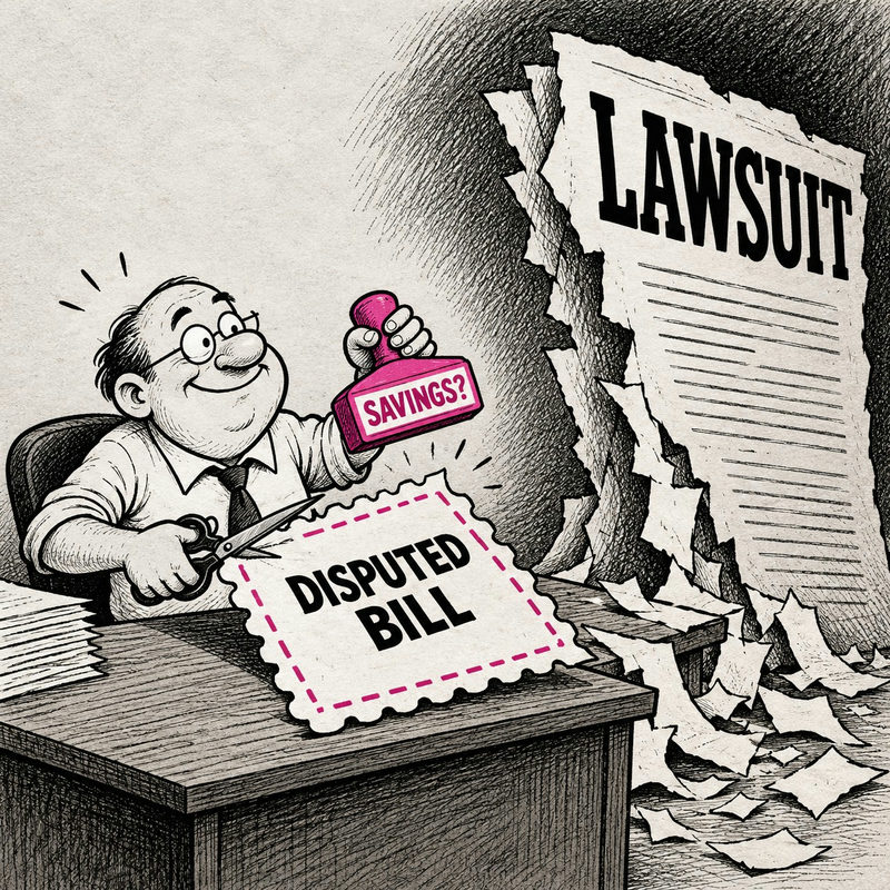 Democrawonk — An accountant cuts a disputed bill into a coupon and raises a Savings? stamp as a larger lawsuit looms behind him.