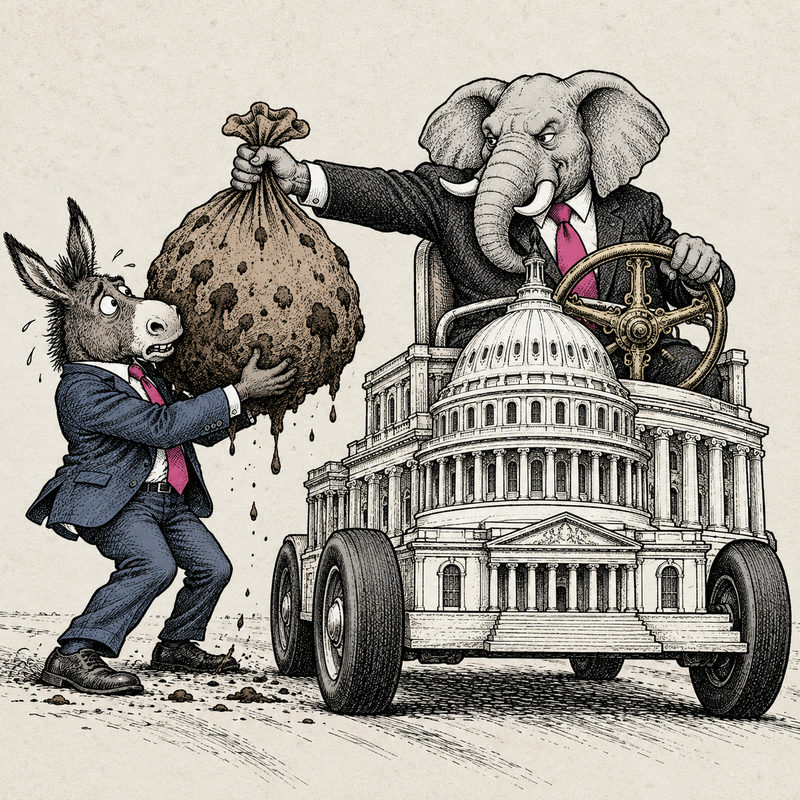 Democrawonk — An elephant politician keeps the wheel of a Capitol-shaped vehicle while handing a dripping sack to a donkey politician outside it.