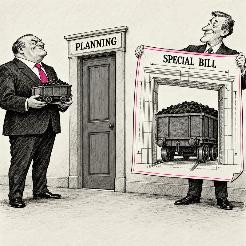 Editorial cartoon of a coal executive beside a closed Planning doorway while a politician displays a Special Bill drawing of a larger coal-wagon entrance.