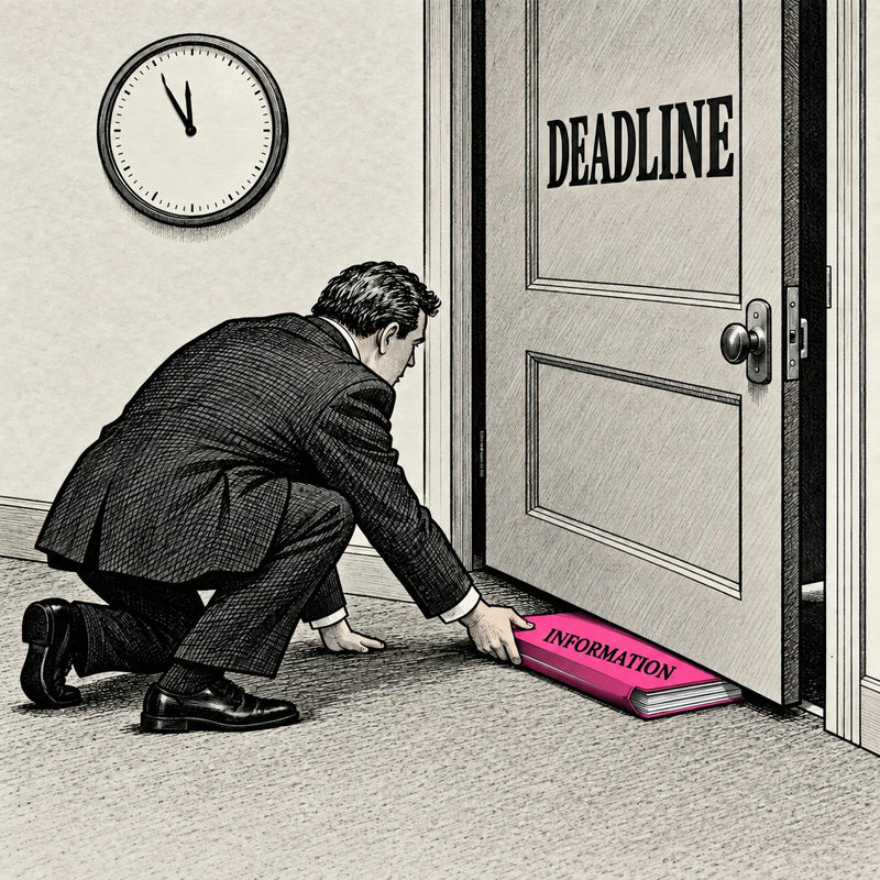 Democrawonk — A lawyer wedges an Information folder beneath a door marked Deadline while a clock hangs overhead.
