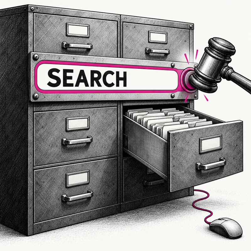 Democrawonk — A judge’s gavel presses a SEARCH button on a filing cabinet while an ordinary computer mouse lies below.