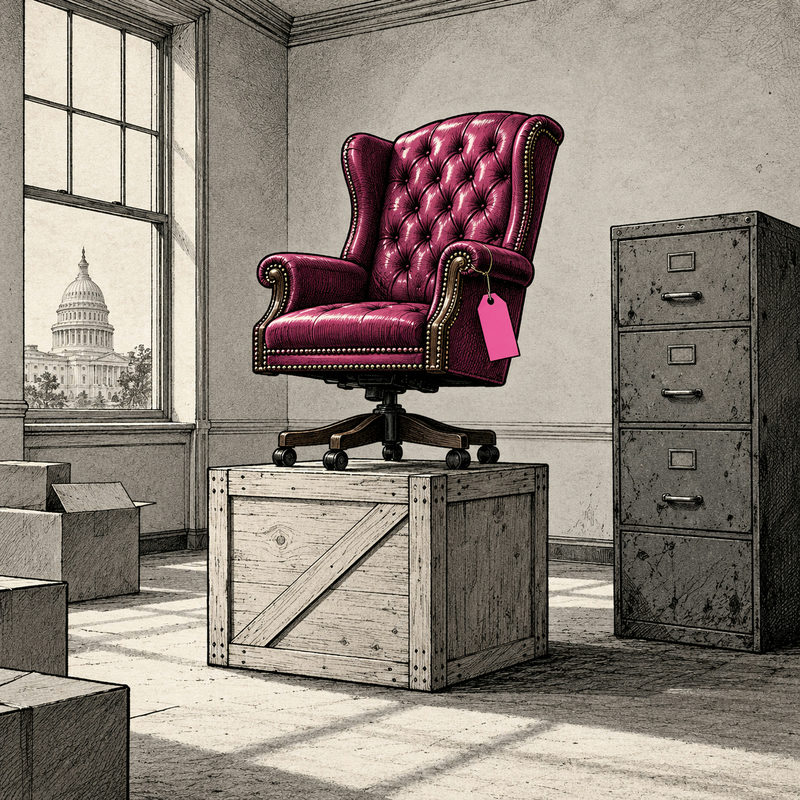 Democrawonk — A plush pink executive chair with a blank price tag sits on a wooden moving crate beside a closed filing cabinet and packing boxes; the Capitol appears through the window.