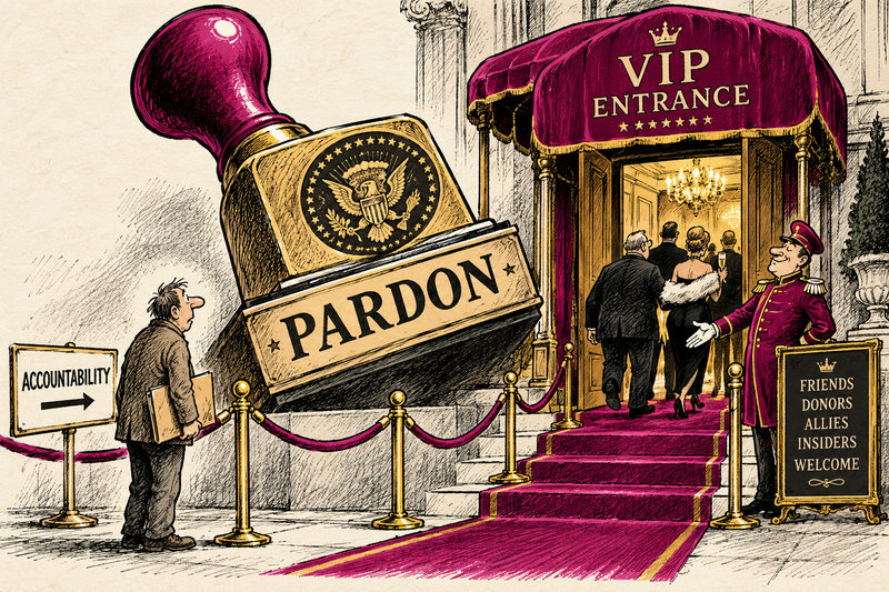 Satirical illustration accompanying “Trump’s Clemency Record Makes Accountability Look Like a VIP Entrance”