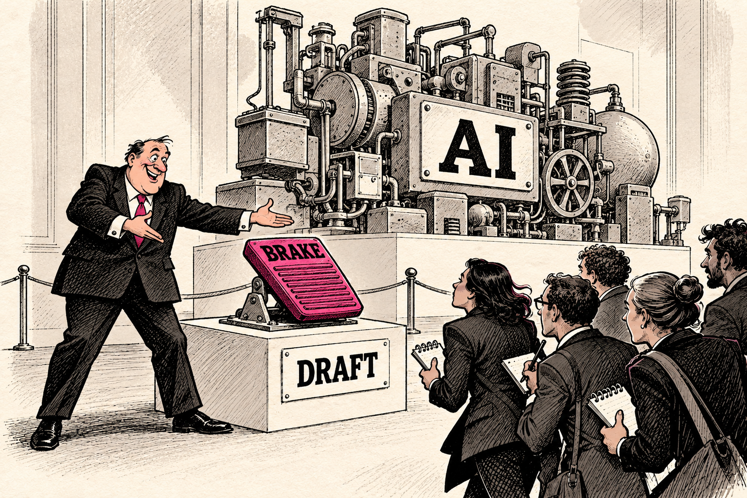 A company presenter displays a pink prototype brake marked Draft beside an abstract machine labeled AI and an audience taking notes.