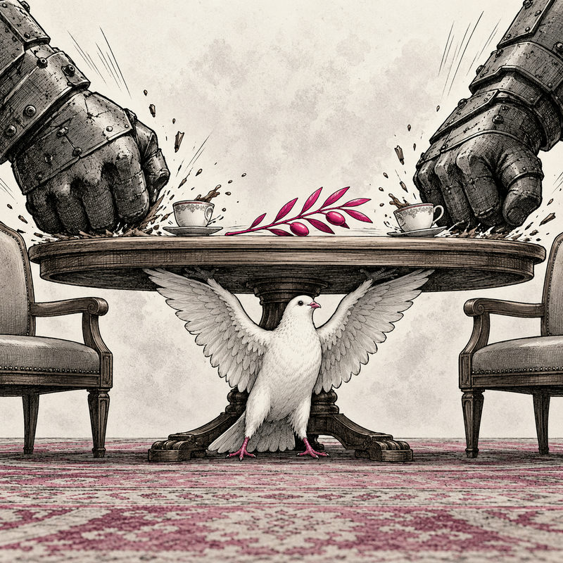 A dove braces beneath a negotiating table while two giant armored fists bang its edges beside wobbling teacups and a pink olive branch.