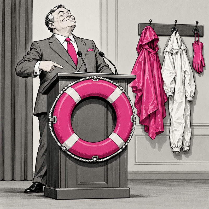Cartoon of a minister at a lectern fitted with a pink life ring beside a hanging rain poncho, overalls and gloves.