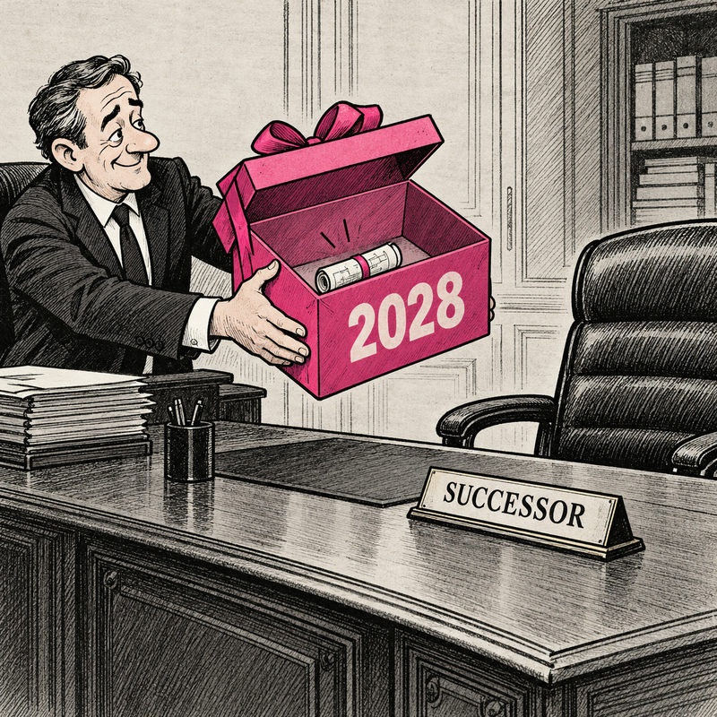 Democrawonk — An official offers an open pink box marked 2028, containing a small blueprint, to an empty chair labeled SUCCESSOR.