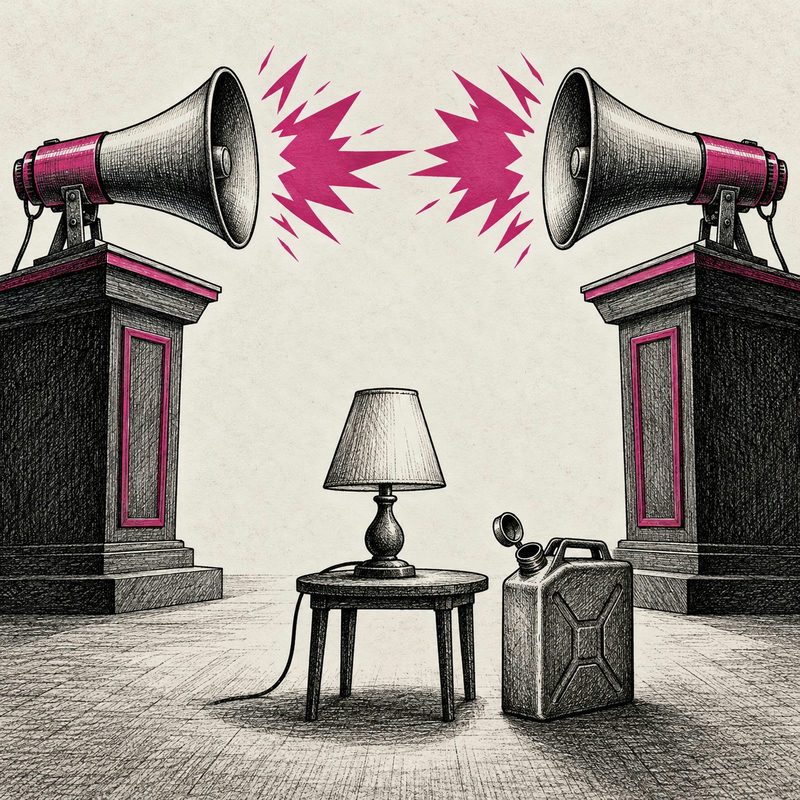 Democrawonk — Opposing megaphones blast pink noise above an unlit lamp and an open fuel can.
