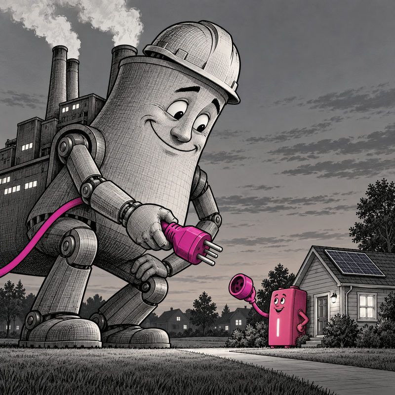 Democrawonk — A giant power-station robot offers its plug to a small home battery beside a house with rooftop solar panels.