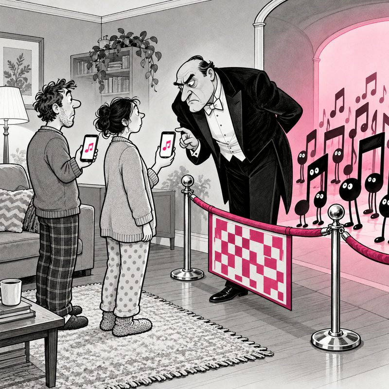 Democrawonk — Two adults each hold a phone while a tuxedoed bouncer guards musical notes behind a pink verification barrier in their living room.