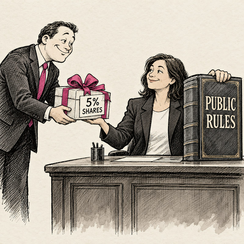 A public representative accepts a gift marked 5% SHARES while holding a large PUBLIC RULES book, in an ink-and-pink editorial cartoon.