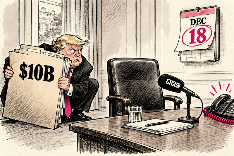 Donald Trump hides behind an enormous ten-billion-dollar lawsuit while a BBC microphone points toward an empty deposition chair and a closing calendar.