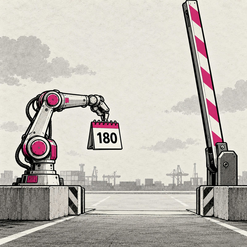 Democrawonk — A robotic arm holds a calendar marked 180 beside a raised pink-striped barrier at a port.