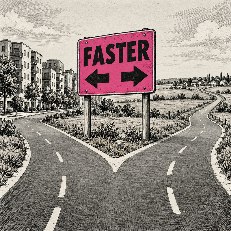 Democrawonk — A pink FASTER sign points both ways at a fork toward city apartments and a distant subdivision beside open fields.