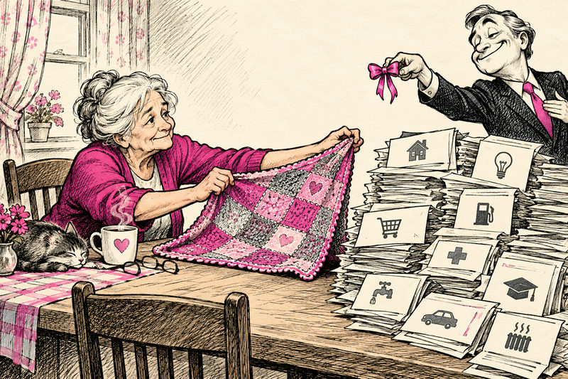A satirical illustration of a pensioner budgeting beneath an oversized cost-of-living umbrella.