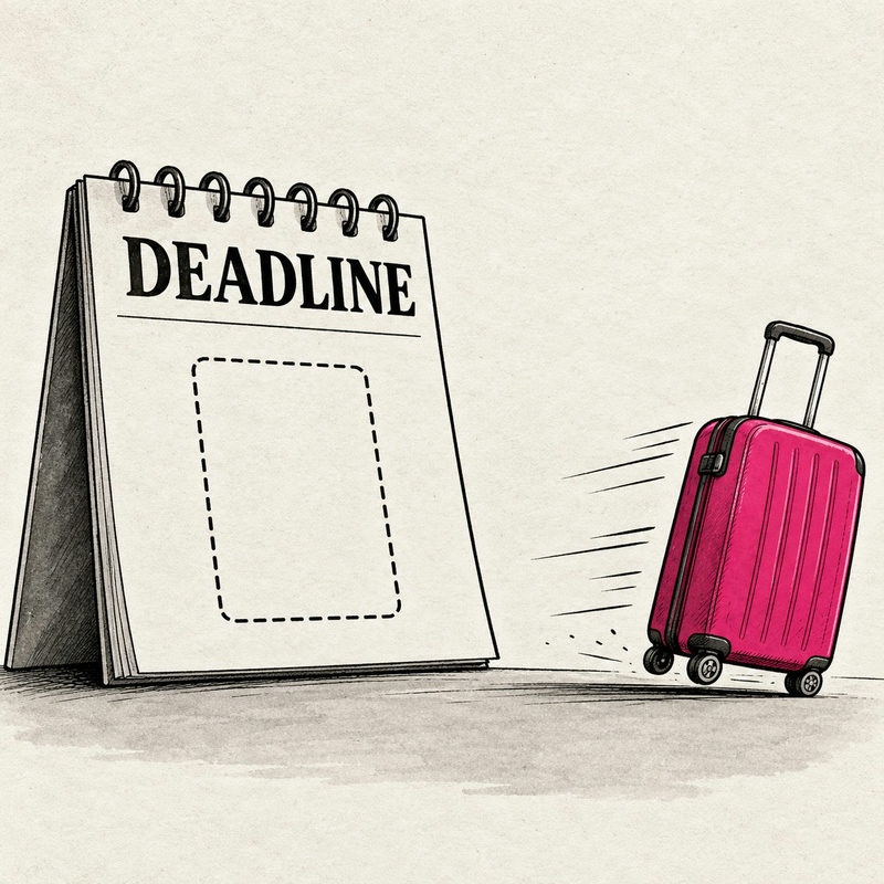 Democrawonk — A pink suitcase rolls away from a Deadline calendar with an empty document outline.