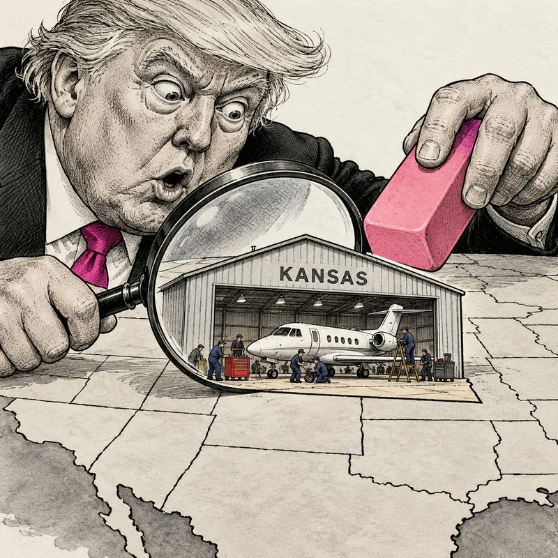 A caricature of Trump pauses a pink eraser above a Kansas aircraft hangar while examining its workers through a magnifying glass.