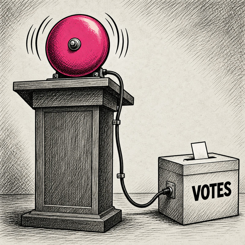 Democrawonk — An oversized pink alarm bell sits on an empty campaign podium, with a black cable plugged into an ordinary ballot box labeled VOTES.