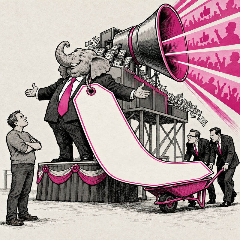 Democrawonk — A Republican politician carries an enormous price tag beside a money-powered advertising megaphone.