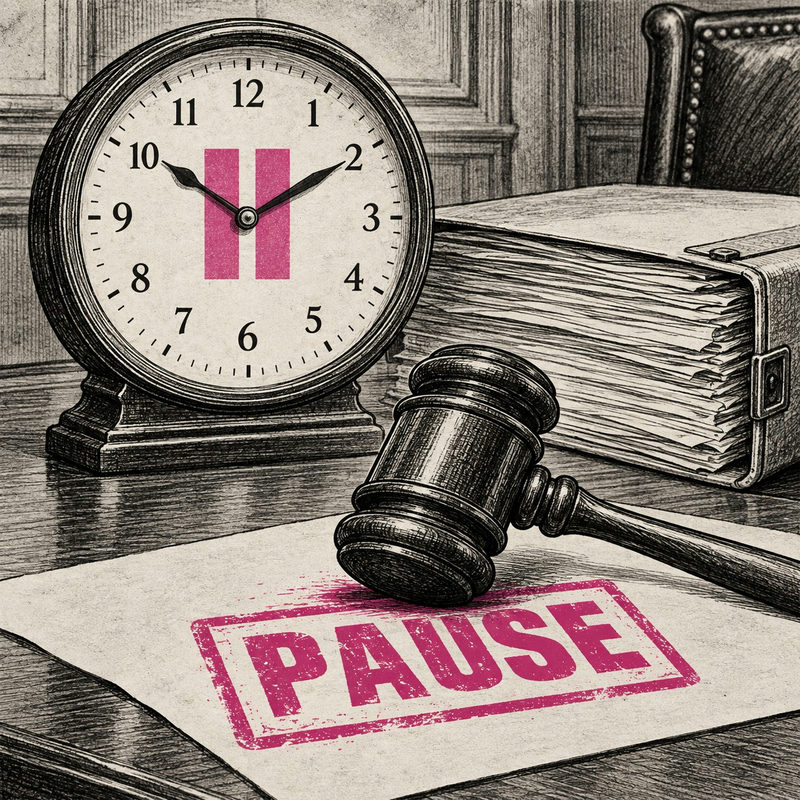 Democrawonk — A gavel and pink PAUSE stamp sit beside a paused clock and thick casefile.