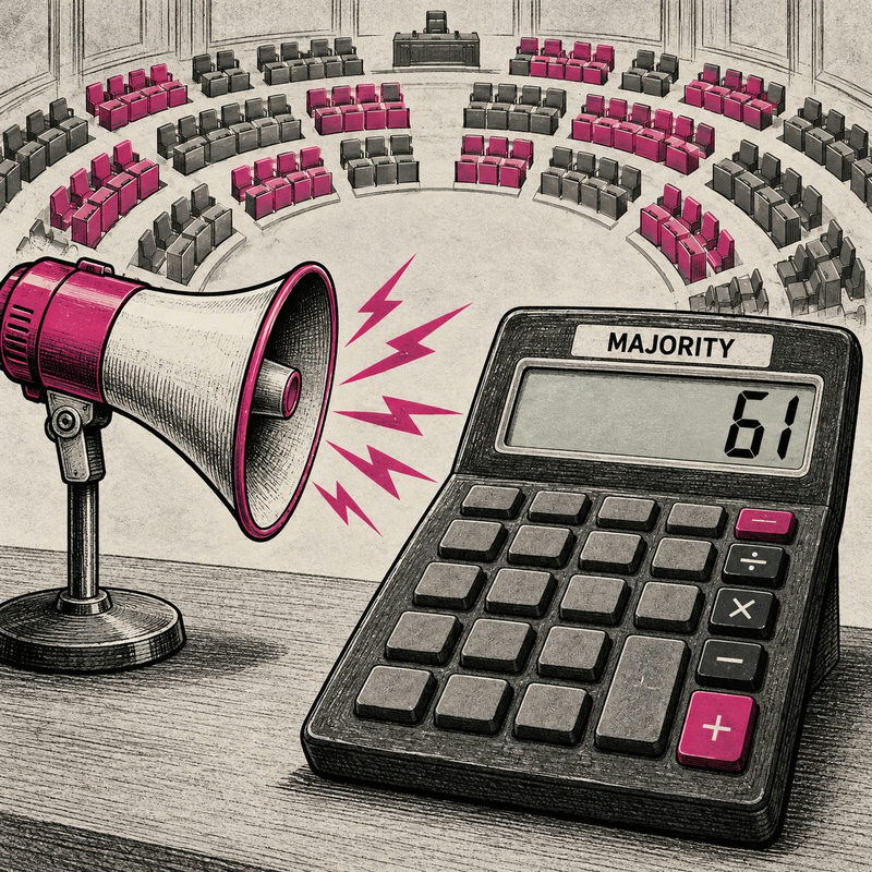 Democrawonk — A megaphone confronts a calculator reading MAJORITY 61 in front of a symbolic parliamentary chamber.