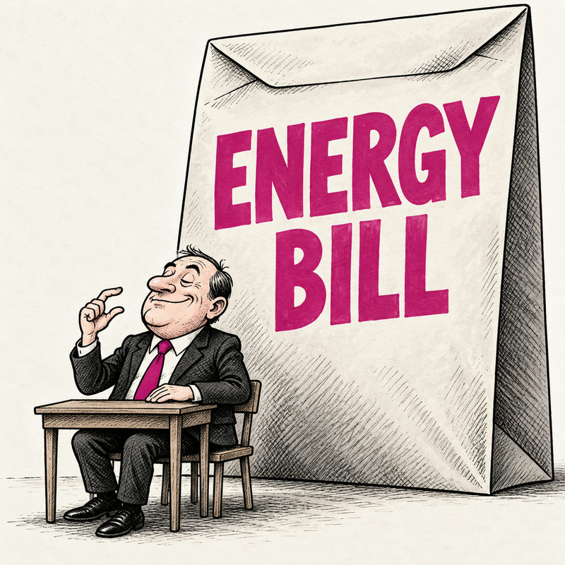 A smug politician gestures that something is small while seated at a tiny desk beneath an enormous envelope labeled ENERGY BILL.