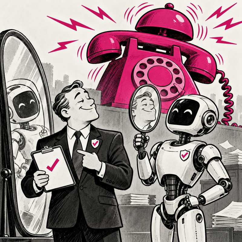 An executive and robot admire their own inspection checkmarks and reflections while an enormous pink telephone rings behind them.