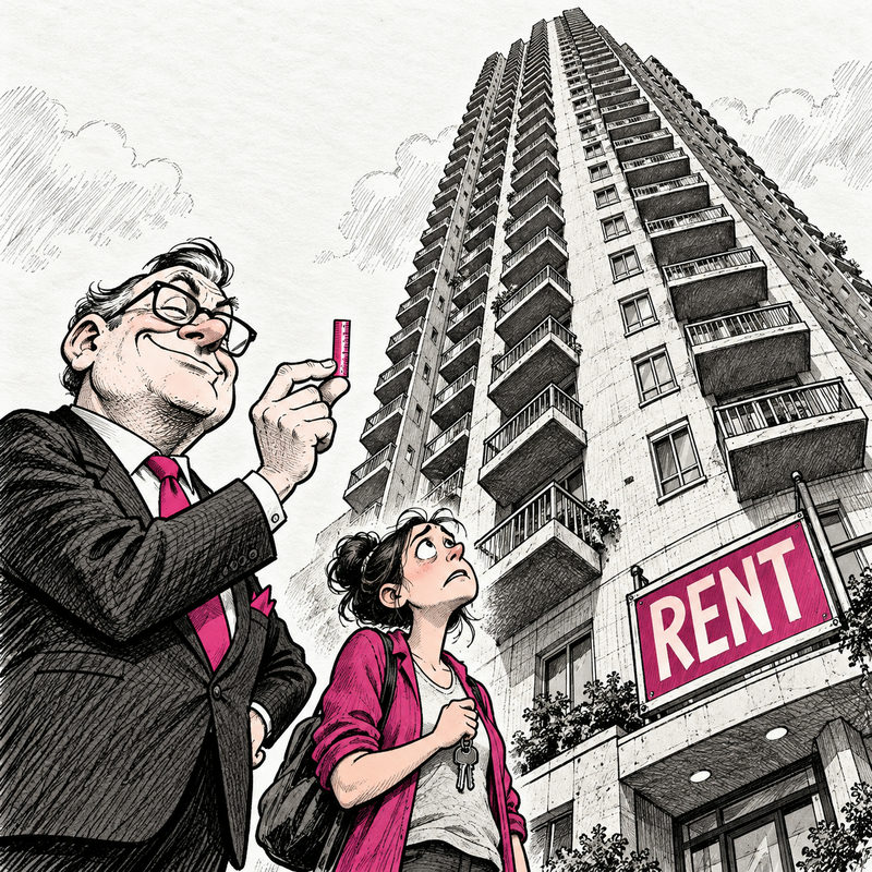 Editorial cartoon of a statistician measuring a towering rental building with a tiny ruler while a renter looks on.