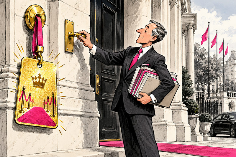 A fictional diplomat replaces a symbolic VIP doorway system with a practical door handle.