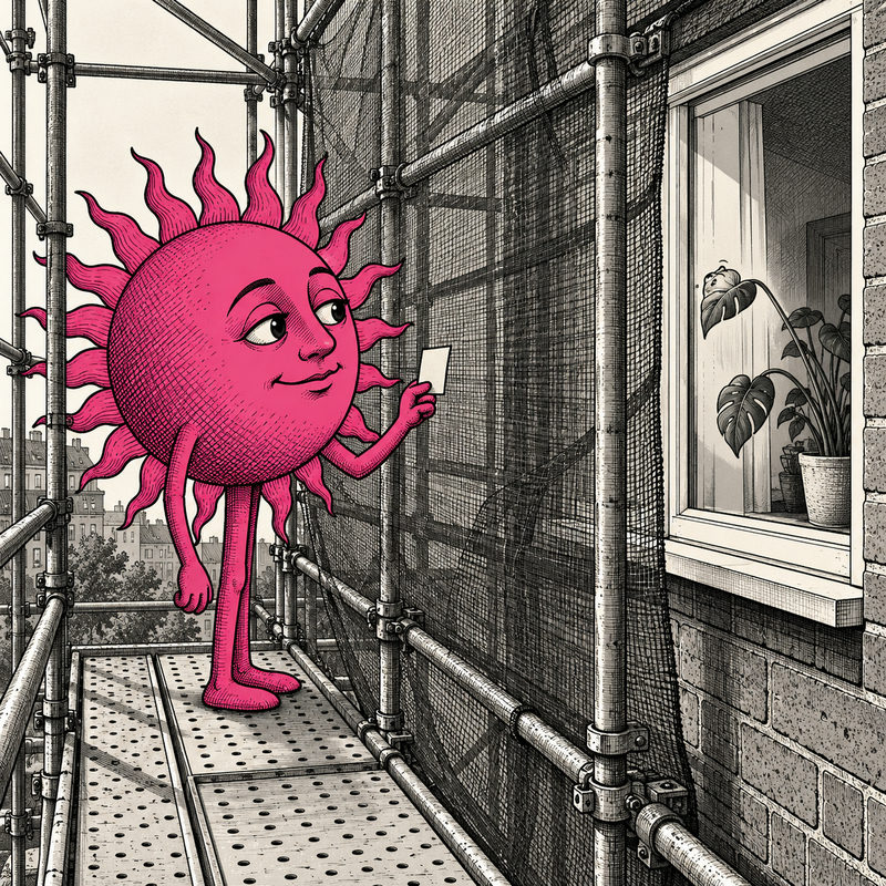 A pink cartoon sun holds a blank visitor ticket outside a scaffold-covered window while a houseplant leans toward the light.
