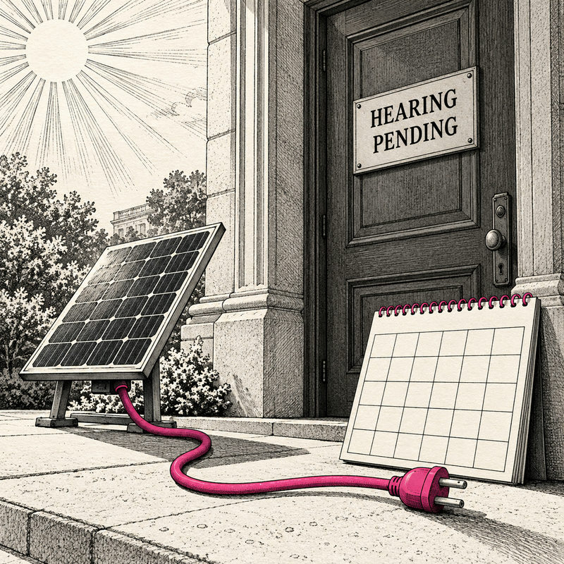 Democrawonk — A solar panel's unplugged pink cord lies beside an empty calendar and a HEARING PENDING door.