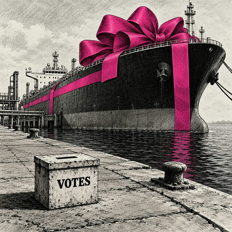Democrawonk — A huge oil tanker wrapped in a pink bow is docked beside a small neglected ballot box labeled VOTES.