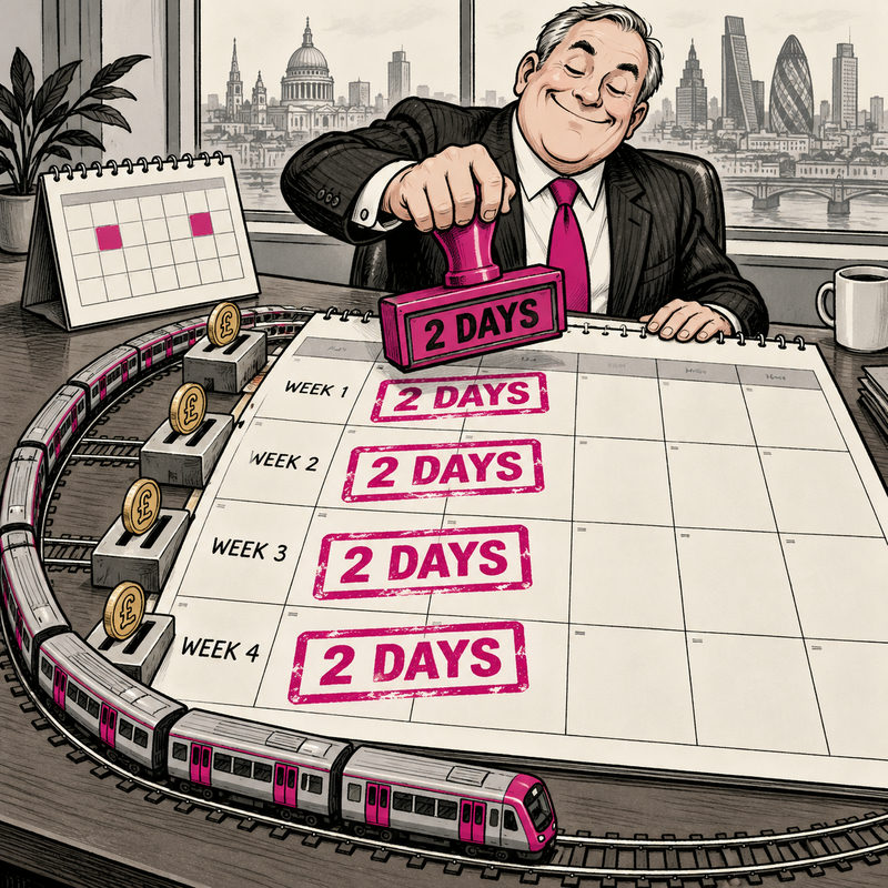 A bank executive stamps 2 DAYS on four weekly calendar rows as a toy commuter train passes coin slots; an older calendar shows two marked days.